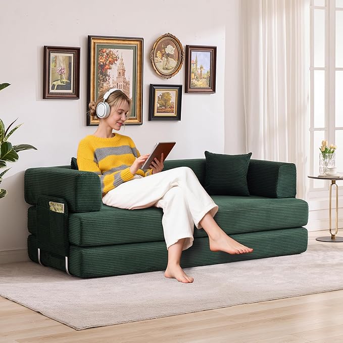 Convertible Sleeper Sofa Bed 78.8 Floor Sofa Bed 5-in-1 Folding Mattress Couch Loveseat with Fixed-Shape Frame Pillow Corduroy Fabric for Living Room Bedroom Lounge Dark Green