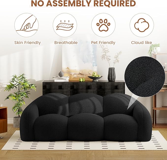 90.55 Inches 3-Seater Sofa Couch Modern Teddy Plush Boneless Sofa in a Box Soft Couches for Living Room Apartment No Assembly for Small Spaces Black