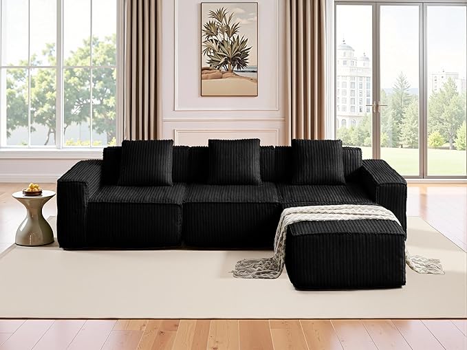 L-Shaped Corner Corduroy Sectional Sofa 4 Seat Modular Boneless Sofa Foam Cloud Couch with Movable Ottoman and Toss PillowsModern Deep Seat Convertible Chaise Sofa