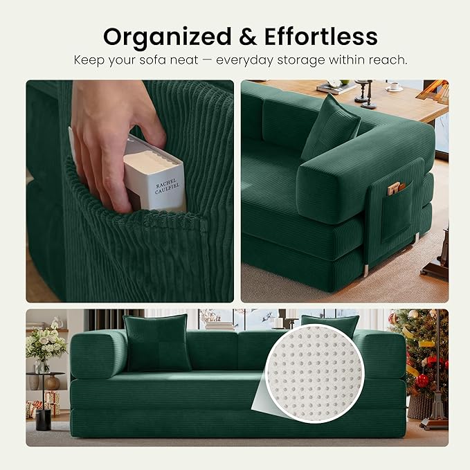 78.8 Convertible Sofa BedCorduroy Futon Couch with Storage PocketFolding Pull Out Futon SofaNo Assembly Boneless Couch for Living Room Emerald Green | Convertible Sofa Bed Boneless Couch sofa f
