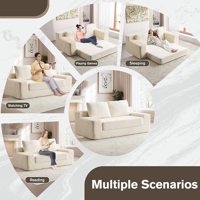 71 Oversized Loveseat Pull Out Sofa 2 in1 Convertible Loveseat Sofa with Pillows Corduroy Folding Couch Bed with Deep Seat Boneless Couch for Small Room No Assembly Required White
