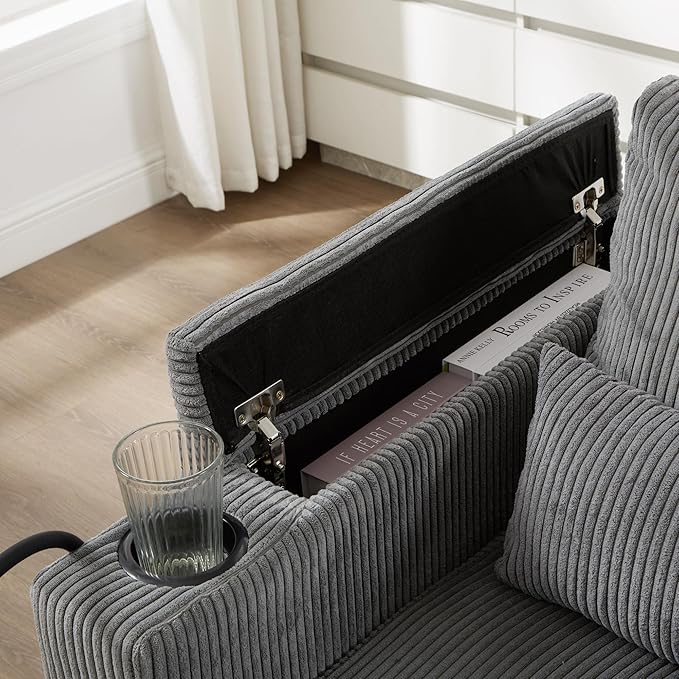 Merax Modern Upholstered Indoor Chaise Lounge with Pillows Charge Station &amp Cup Holders Single Sofa Couch with Armrest and Soild Legs Easy Assemble Gray