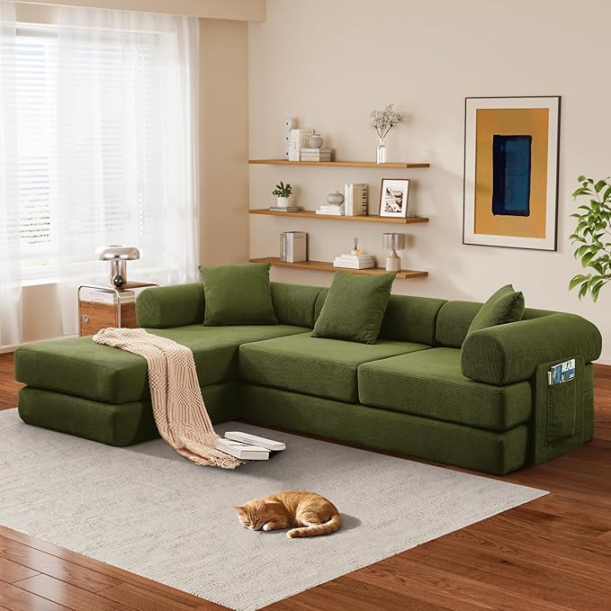 L Shaped Convertible Modular Sofa Bed with Cylindrical Pillow &amp Reversible Chaise Corduroy Folding Floor Sofa Couch Bed with Fixed-Shape Frame &amp Storage Pocket for Living Room Green
