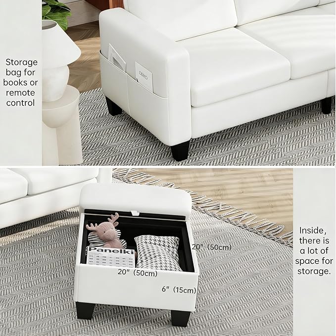 Sectional Sofa Couches for Living Room - 3-Seat White L-Shaped Modern Sofa Couch with Reversible Storage Ottoman &amp Storage Pockets for Living Room Apartment Studio or Small Space | small couch