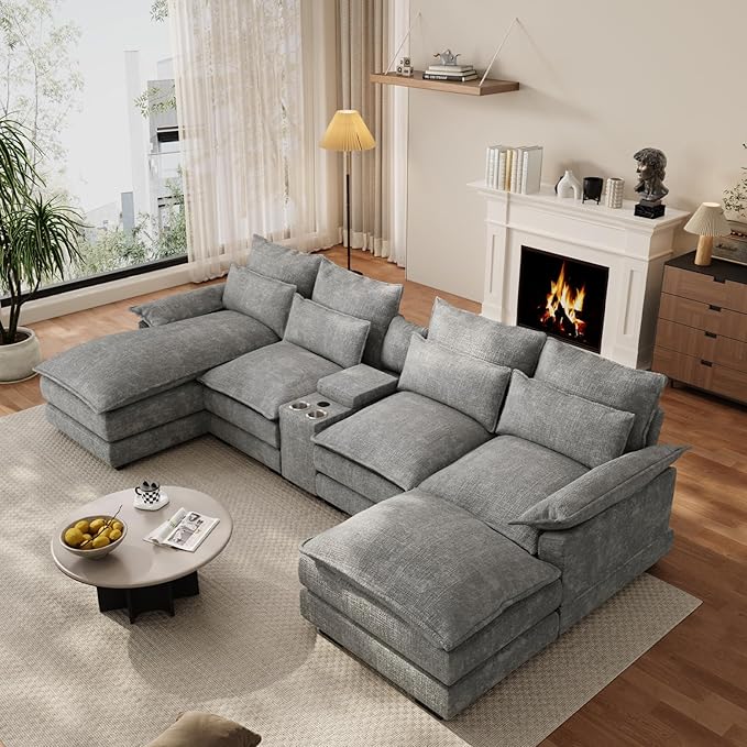 OUYESSIR 135 U Shaped Sectional Cloud CouchGrey Sectional Couches for Living RoomComfy Fluffy Chenille Oversized Cloud CouchModular Sectional Sofa with Central Console &amp Double Chaise Lounge