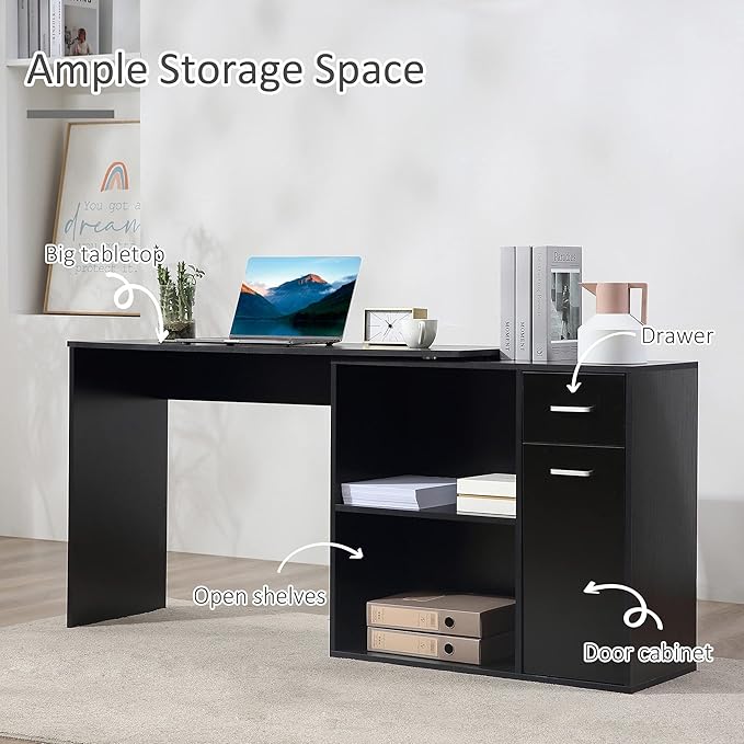 L Shaped Computer Desk 180° Rotating Corner Desk with Storage Shelves Drawer and Cabinet Study Workstation for Home Office Black