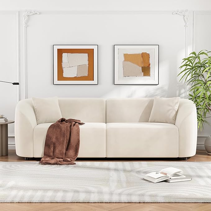 87 Sectional Sofa Curved Couch Modern 3 Seat Velvet Sofa Comfy Plush Couch for Living Room Beige