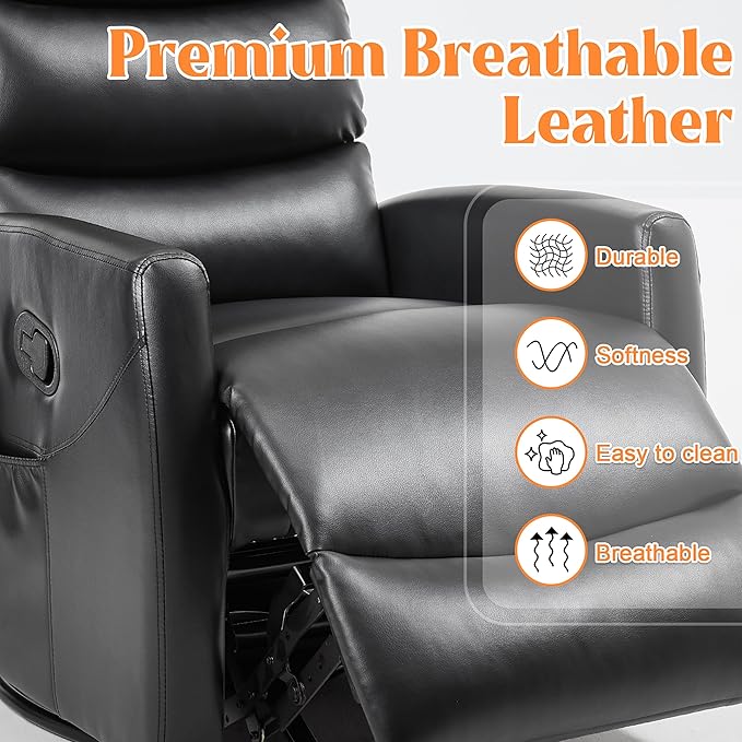 Luxlen Manual Swivel Rocker Recliner Chair with Massage Overstuffed Recliner Glider with Vibration Massage and Heat for Nursery Living Room Reclining Sofa Chair PU Leather Black