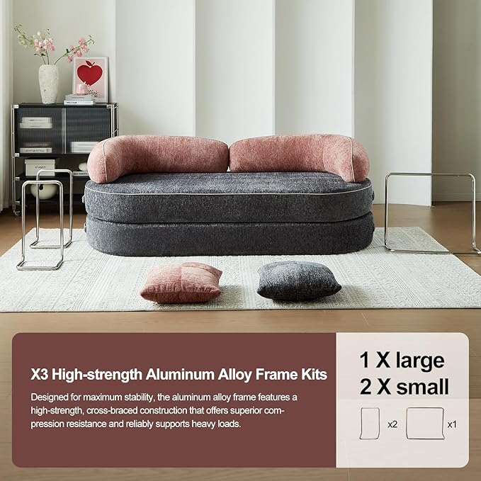 Convertible Sofa Bed with Fixed-Shape Frame 4-in-1 Combination Folding Pull Out Couch Futon Couch in a Box Modular Floor Sleeper Sofa Bed for Living Room Bedroom (2 Pillows PinkGrey)