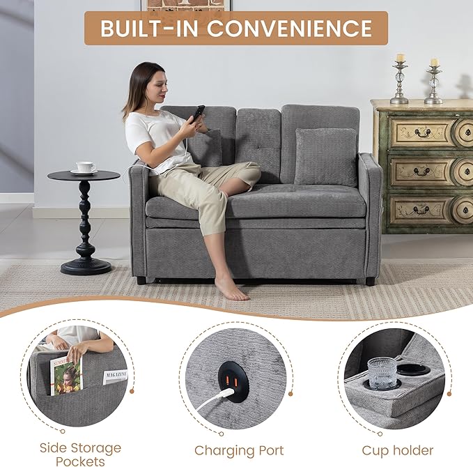 52 Convertible Sofa Bed 3-in-1 Sleeper Sofa with Pull-Out Bed Chenille Couch Folding Loveseat USB Ports &amp Adjustable Backrest Modern Loveseat for Living Room Apartment Grey