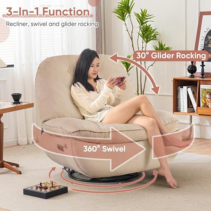 Smart Oversized Electric Recliner Chair 360° Round Swivel Rocking Glider Rocker for Adults Modern Comfy Ergonomic Chaise Lounge Indoor Theater Seating Living Room Chairs Reading Soft Camel Fabric