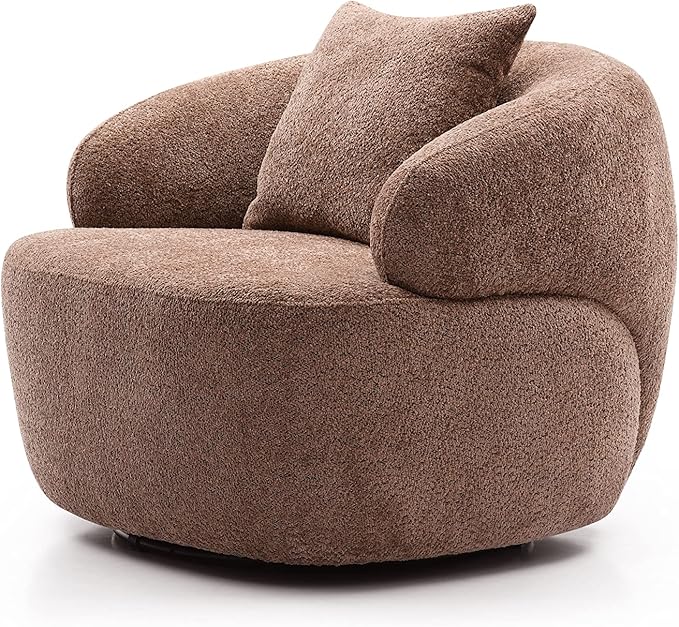 KEIKI 35 Round Oversized Boucle Single Sofa Chair with Ergonomic Design Upholstered Modern Style 1-Seater Corner Swivel Barrel Chair Easy Assembly for Office Apartment Living Room Brown