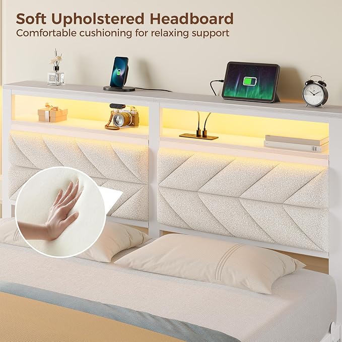 Seventable Bed Frame Full Size with Charging Station LED Bed with Upholstered Storage Headboard Metal Platform Bed with Under Bed Storage No Box Spring Needed Noise Free Easy Assembly White