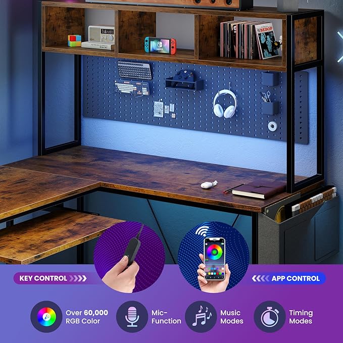 DUMOS L Shaped Gaming Desk 67” Reversible Computer Desks with Led Lights Corner Table with Keyboard Tray Side Bag Storage Shelf Metal Frame Wood Writing for Home Office Bedroom Brown
