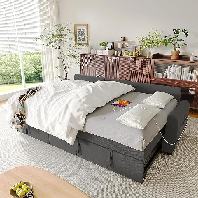Ucloveria Sleeper Sofa Bed 86 Convertible Sectional Sofa Couches for Living Room Pull Out Couch Bed with Reversible Storage Chaise | USB Ports | Side Pockets | Removable Backrest