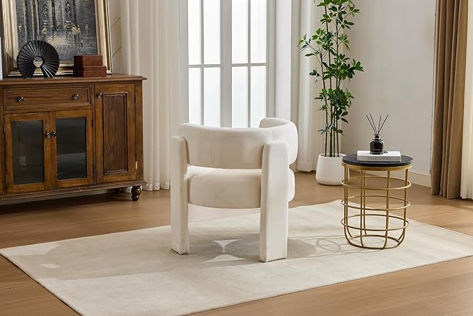 GDFStudio 30 Modern Accent Chair Upgrade Leisure Boucle Upholstered Armchair with Curved Arms and Waist Pillow Comfy Single Sofa Chair for Living Room Bedroom Office Apartment Ancient White