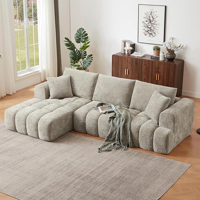 Luxury 108 Sofa with Oversized Chaise L-Shaped Chenille Modular Cloud Couch with Deep Seat &amp 2 Pillows Orange Boneless Couches for Living Room Apartments Homes (Khaki Left Facing Chaise)