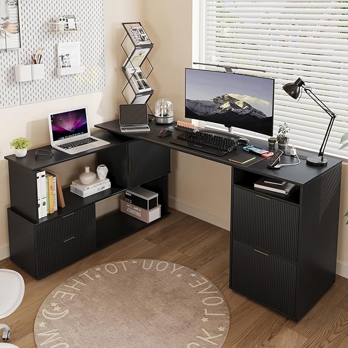 L-Shaped Desk with Drawers &amp Power Outlet 180 Rotating Corner Computer Desk with Storage 66 Inch Office Desk with 5-Drawer Space-Saving Modern L-Shaped Workstation for Home Office