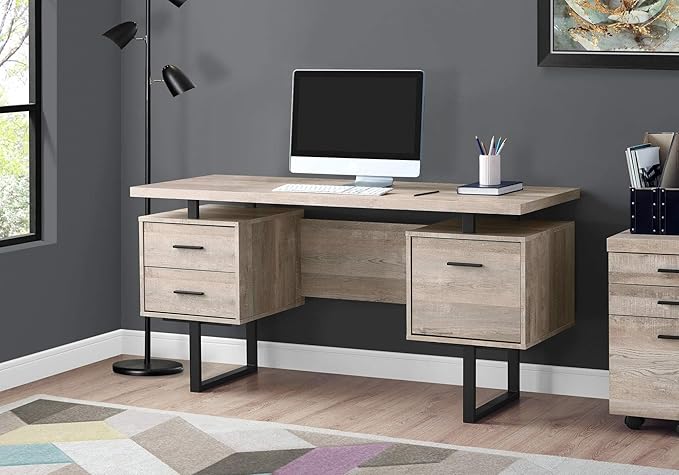 BOWERY HILL Computer Desk 60 L Engineered Wood Taupe Finish 3 Storage Drawers Reversible Design Black Metal Legs Modern Home Office Laptop Desk