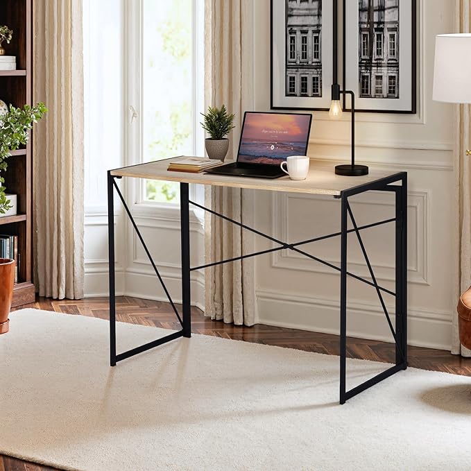 Homy Casa 39.4 Inch Foldable Laptop Desk Space-Saving Computer Table with No Assembly Required Sturdy Metal Frame Minimalist Design for Home Office Study or Small Spaces Oak