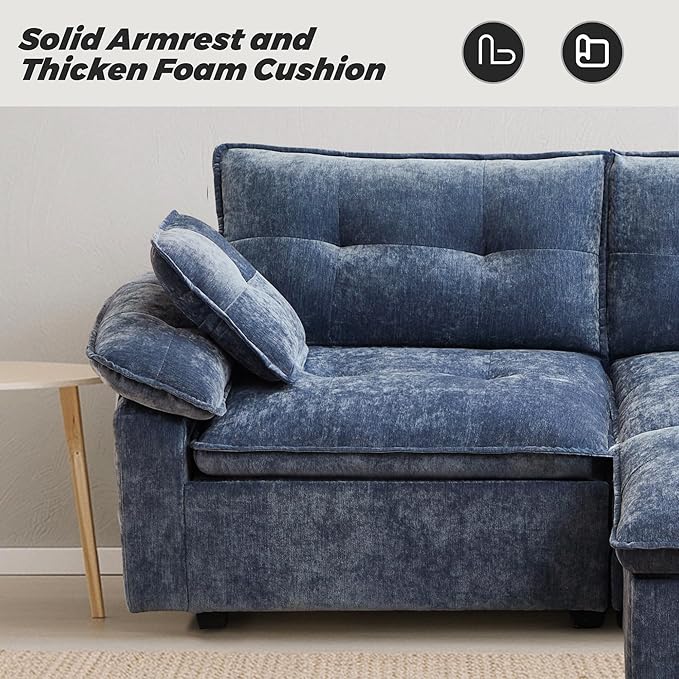 Modular Loveseat Sofa with Ottoman 81.5'' Deep Seat 2-Seater Chenille Couch Comfy L Shaped Convertible Small Sofa for Apartment Living Room Office Soft FabricLoveseat Sofa (Mist Blue)
