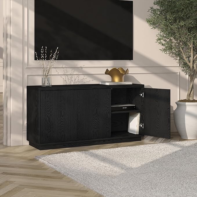 Henn&ampHart Fluted TV Stand for TVs up to 55 with 3 Swing Out Ribbed Doors and Adjustable Shelves for Living Room Family Room or Office Natural Black