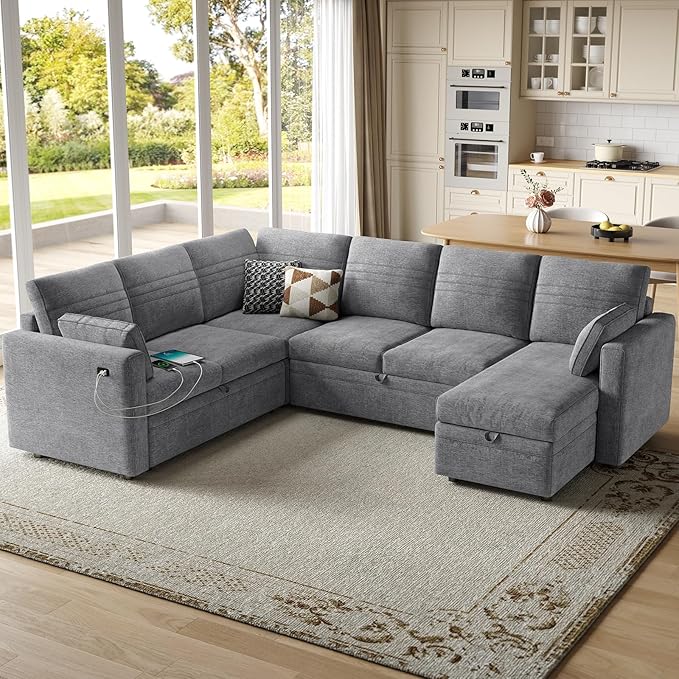 ONBRILL 105 Modular Sectional Sleeper Sofa with Pull Out Bed6 Seat Sectional Sleeper Sofa with Storage ChaiseUSB PortsModern U-Shaped Couches for Living RoomTool-Free AssemblyChenilleGrey