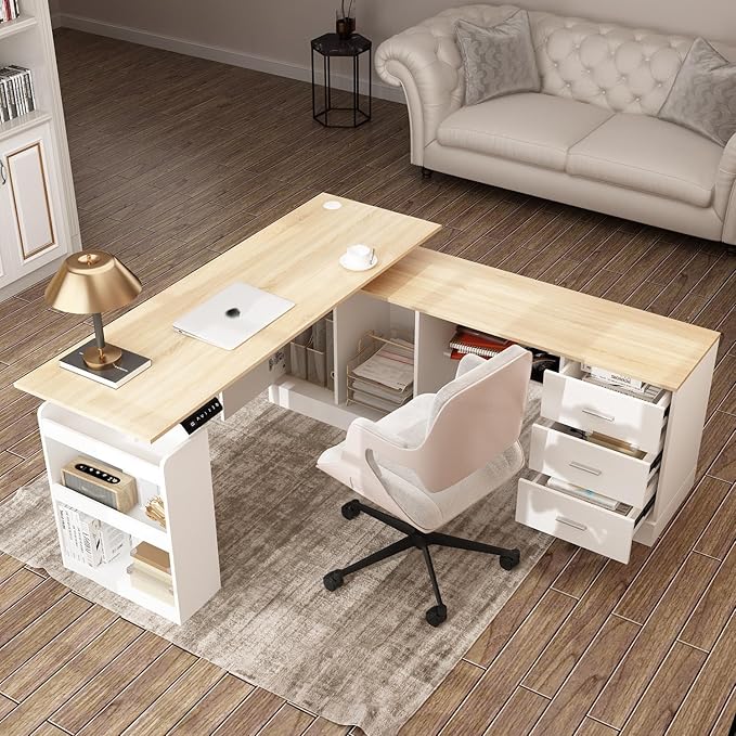 Homsee Home Office L Shaped Electric Standing Desk with Drawers and Shelves Height Adjustable Stand up Desk 63 Computer Executive Corner Table Oak &amp White
