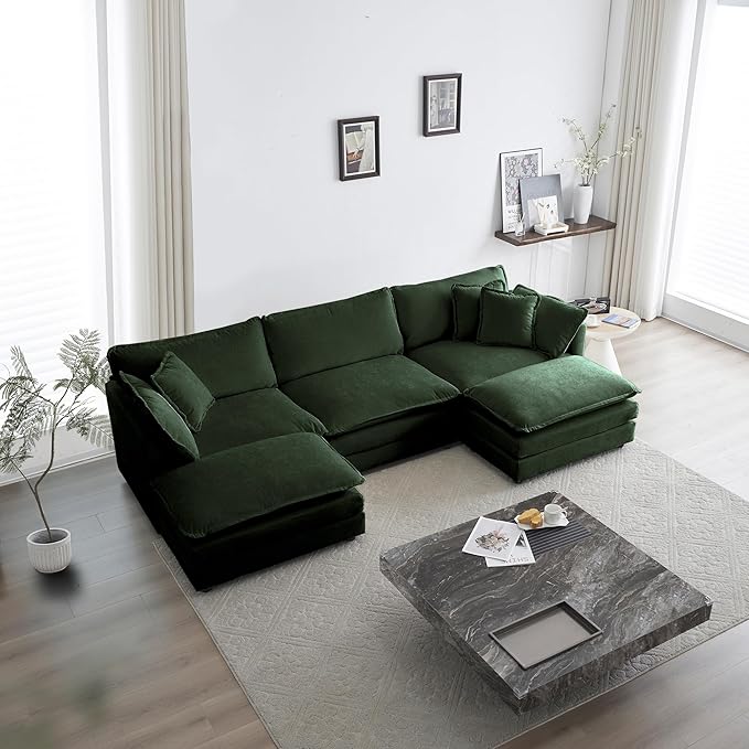 WILLIAMSPACE 111.5 Sectional Sofa Couch for Living Room Modern Upholstered U-Shaped Sofa with 2 Ottoman &amp Toss Pillows Modular 5 Seat Sofa Furniture for Apartment Chenille Fabric (Green)