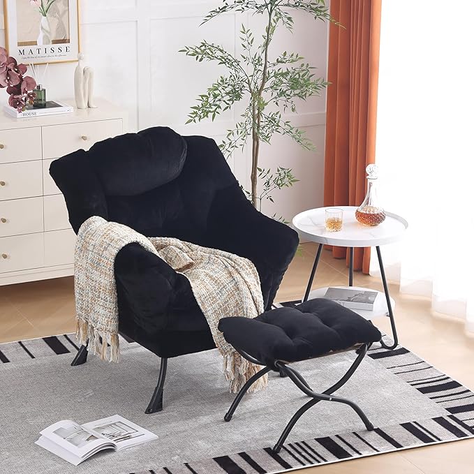 Lazy Chair with Ottoman Modern Accent Chair with Armrests and a Side Pocket Plush Black Accent Chairs Reading Chairs Oversized Armchairs for Bedroom Study Living Room Courtyard