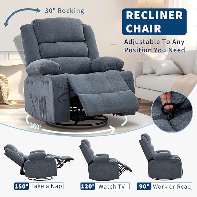 360° Swivel Recliner Chair for Adult Linen Rocker Chair with 3 Positions/2 Side Pockets/Cup Holders Manual Nursery Glider Rocking Chair for Bedroom Living Room Office