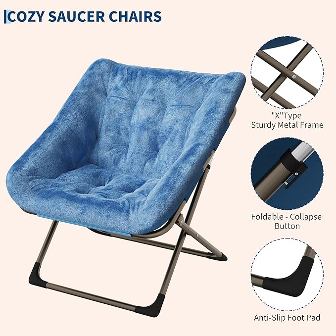 Collapsible Soft Faux Rabbit Fur Saucer Lounge Chair Comfy Lounge Lazy Chair Metal Frame Reading Chairs for Office Living Room Bedroom Small Spaces No Assembly Blue
