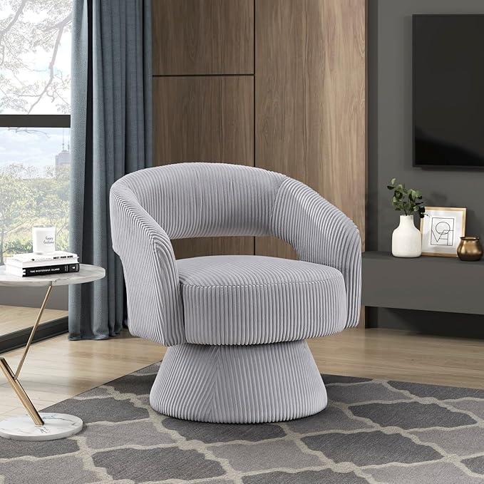 Modern Luxurious Swivel Accent Chair - Gray Corduroy Upholstery Plush Seating for Living Room or Home Office