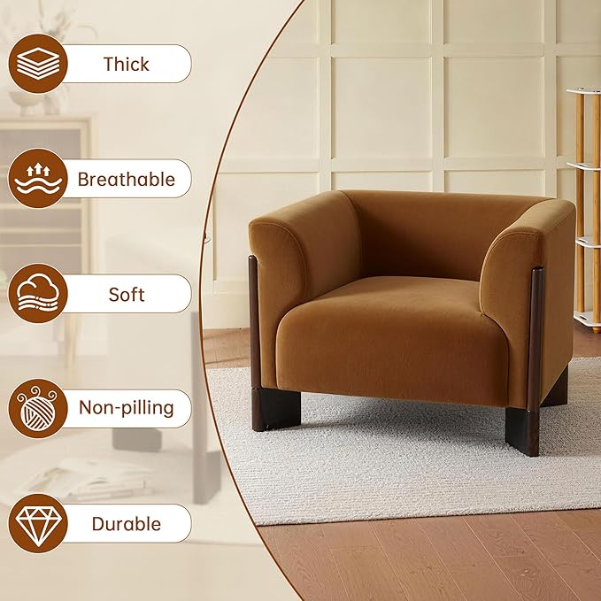 Oversized Accent Chair Velvet Fabric Upholstered Club Chair for Living Room 41 Width Single Sofa Chair with Curved Handrail and Solid Wood Legs Modern Arm Chair for Bedroom Home Orange