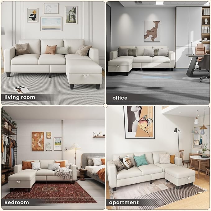 Sectional Sofa Couches for Living Room - L Shaped Cloud Couch-Small Modular 3 Seat-Comfy Linen with Storage Deep Seat SofaWashable Covers-Suitable for Living Room-Apartment-Office-Beige