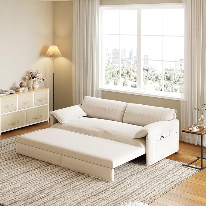 healthomse 66 Queen Size Sleeper Sofa Bed 3-in-1 Convertible Pull Out Sofa Bed with Side Storage Modern Velvet Loveseat for Living Room Bedroom Apartment Office Lounge (Beige 66inch)