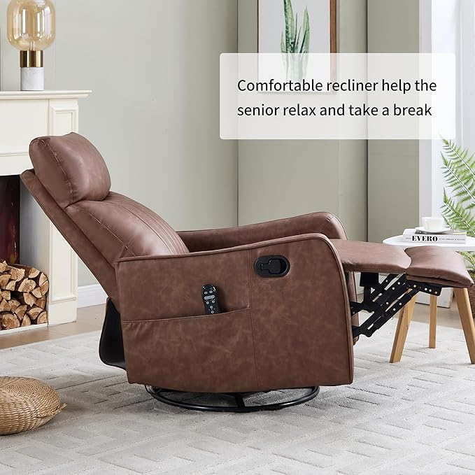 Light Brown 360° Swivel Rocker Recliner Chair Massage Reclining Chair with 8-Point Vibration &amp Lumbar Heat for Adults Elderly 155° Recline Easy Assembly for Living Room