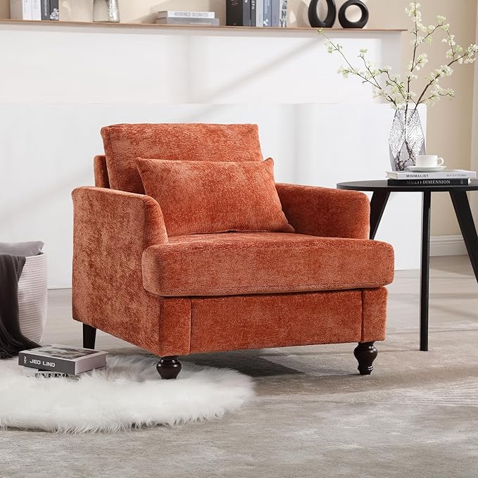 Mid Century Modern Accent ChairsChenille Upholstered Armchair with Rubber Wooden LegsComfy Reading Chairs with Scooped Arms for Living RoomBedroom (Dark Orange)