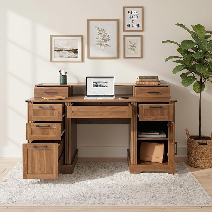 59.5 Farmhouse Office Desk with USB Charging Station Fixed Monitor Stand with Drawers Convertible Keyboard Tray &amp File Cabinet Home Computer Workstation with Large Storage