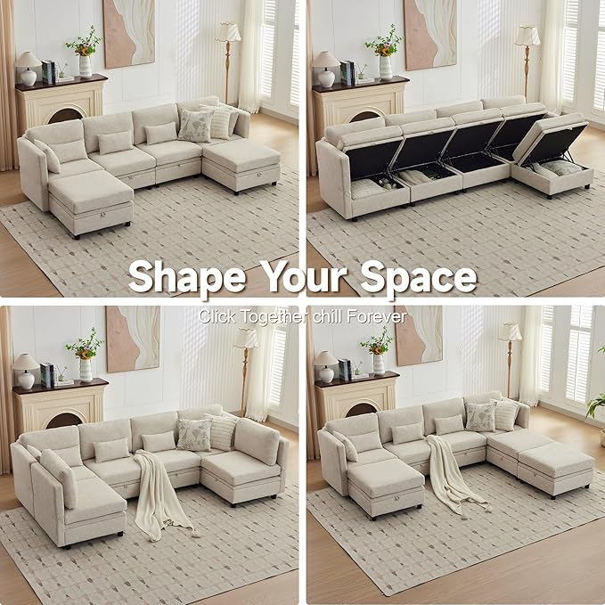 Sectional Modular Sofa with Storage Sectional U Shaped Couches for Living Room Cloud Convertible Sectional Sofa with Chaise 6-Seat Couch with Cushions Adjustable Backrest Khaki