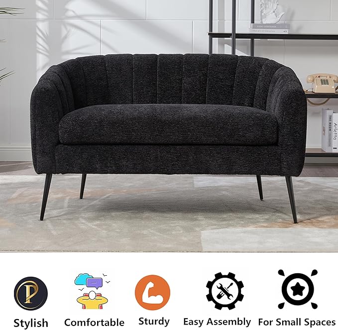 50.2 Small Sofa Couch for Small SpacesModern Chenille Loveseat CouchesOval 2 Seater Sofas with Metal Wood Legs for ApartmentDormStudioBedroomRV. (Black with Metal Legs 50.2)