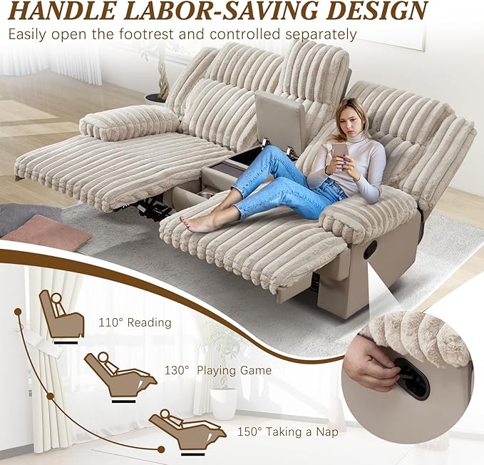 Oversized Reclining Loveseat with Hidden Cup Holders &amp Wireless Charger Wall Hugger Reclining Sofa Manual Double Recliner Loveseat with USB Ports for Living Room (Beige Loveseat)
