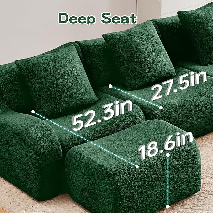 Boneless Cloud Couch Modular Sectional Sofa 115.3 Comfy Teddy Fabric 3 Seater Sofa Deep Seat Sectional Couches for Living Room Modern Small Couches for Small Space No Assembly Couch Green