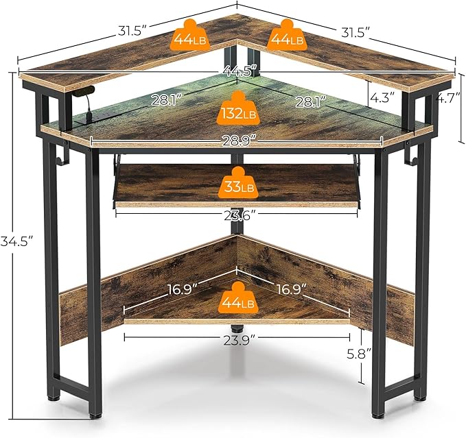 Rolanstar Corner Desk 44.5 W x 34.5 H Small Computer Desk with Power Outlets Gaming Desk with LED Lights Triangle Corner Desk with Keyboard Tray &amp Monitor Stand for Small Space Rustic Brown