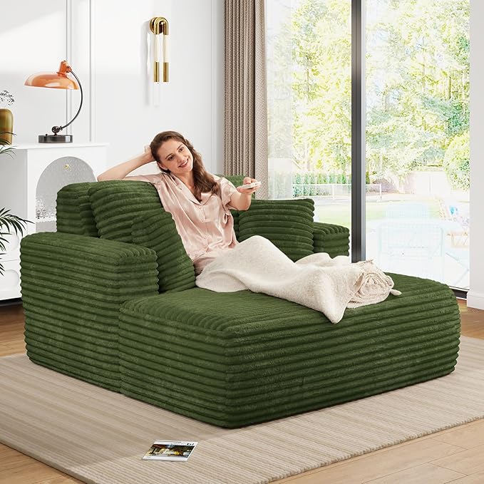 56 Oversized Chaise Lounge Chair IndoorPlush Corduroy Sleeper Sofa Couch Bed with Pillows&ampWide ArmrestsFluffy Comfy Cloud CouchCompression Foam Couch for Living RoomBedroom(Green)