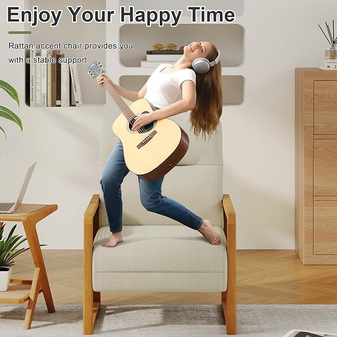 Upholstered Rattan Accent Chair Modern Linen Armchair with Ash Wood Legs Comfy Arm Chair for Living Room Bedroom Beige