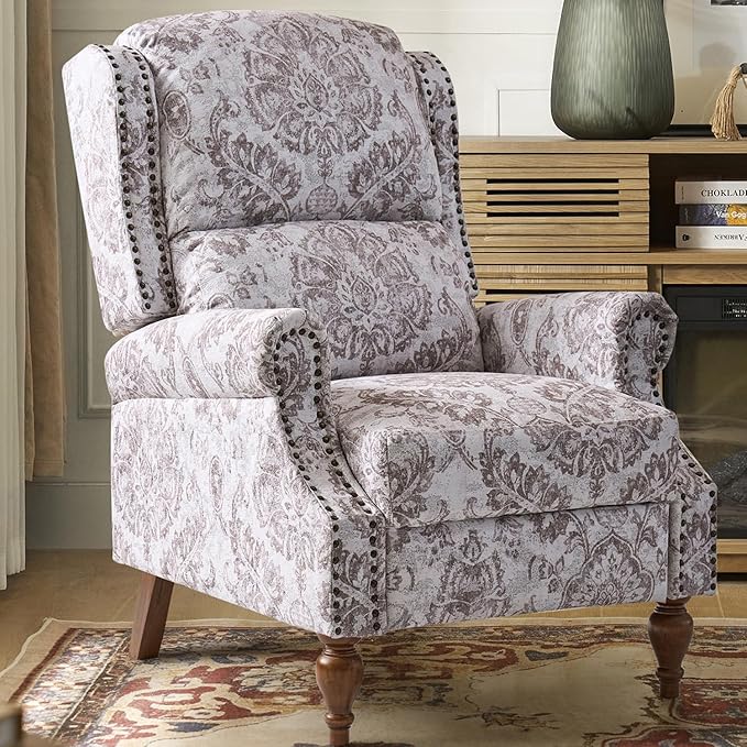 Pushback Recliner Chair Upholstered Floral Fabric Wingback Chair Single Sofa Accent Chair with Lumbar Support and Rivet Decoration for Living Room Bedroom Beige Floral
