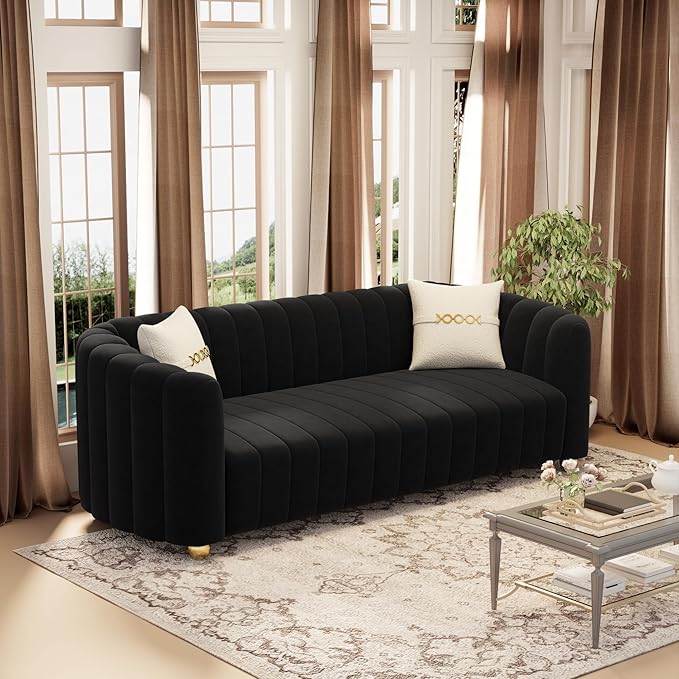 KEAI 83.46 Velvet Couch for Living Room Large Modern Sofa with Gold Metal Sphere Legs Office Upholstered Comfy 3 Seater Couches Cute Sherpa Bedroom Furniture (Black)