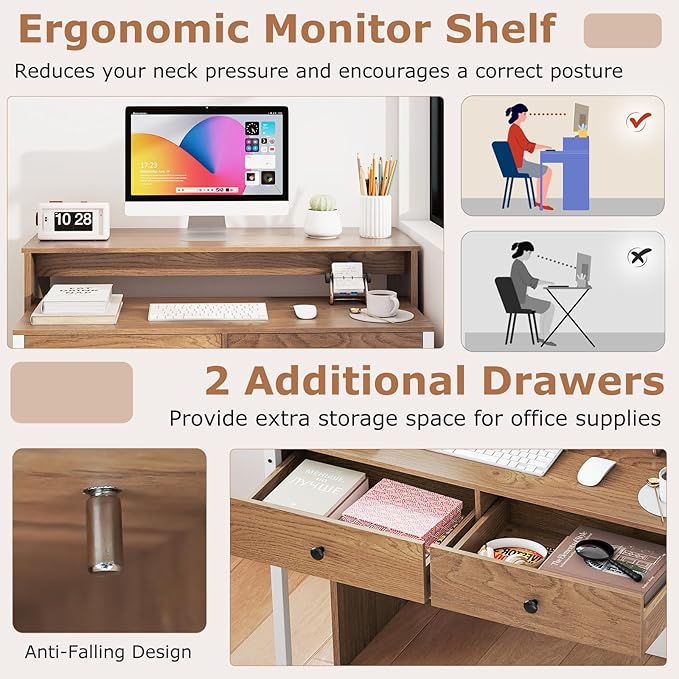 Tangkula Extendable Computer Desk with 2 Drawers Small Writing Desk with Pull Out Secondary Desk Console Table Wood Study Workstation Laptop Desk for Small Space Home &amp Office (Natural)