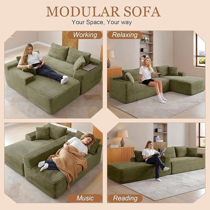 108 Cloud Modular Sectional Couch Modern Boneless Couch with L-Shape Chaise Deep Seat Sectional Sofa Corduroy Corner Couches for Living RoomNo Assembly Required (Green Left Facing Chaise)